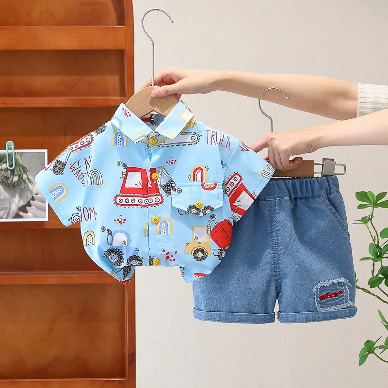 Summer Children Fashion Boys Clothes Cartoon Excavator Cotton T Shirts Shorts 2Pcs/Sets Toddler Casual Costume Kids Tracksuits