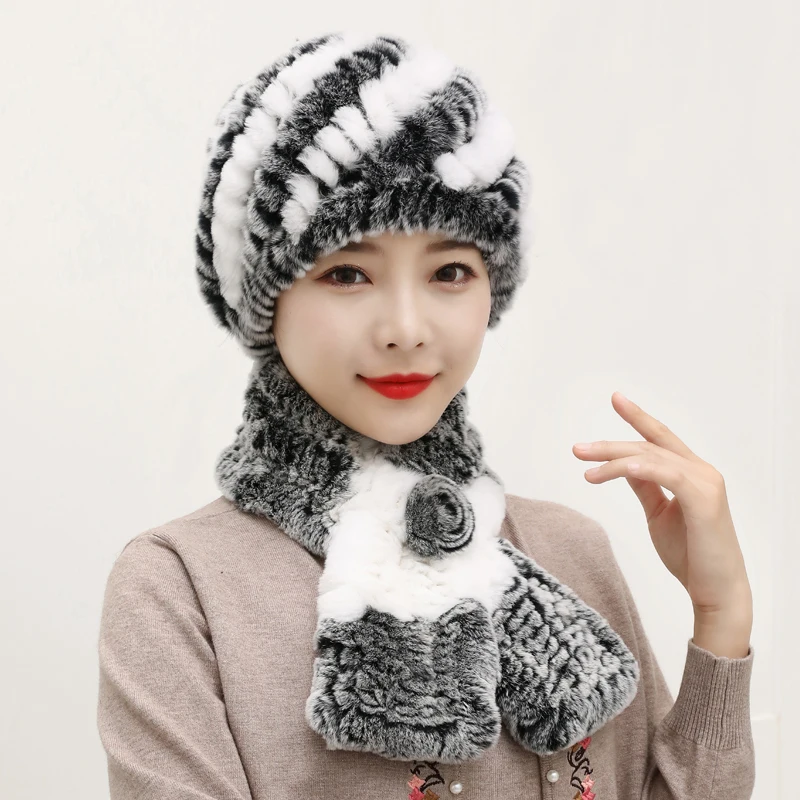 Winter Knitted 100% Natural Fur Hats Scarves Sets Women Warm Real Rex Rabbit Fur Hat Scarf Lady Fashion Thick Rex Rabbit Fur Hat