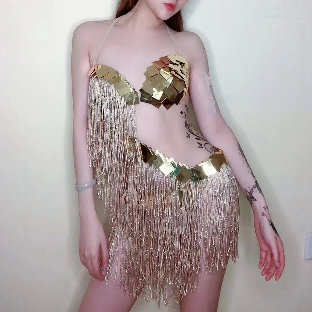 Robe à Franges et Paillettes Dorées pour Femme, Tenue de Discothèque, Costume de Scène, d'Anniversaire, Sexy, Vêtements de Pôle brev