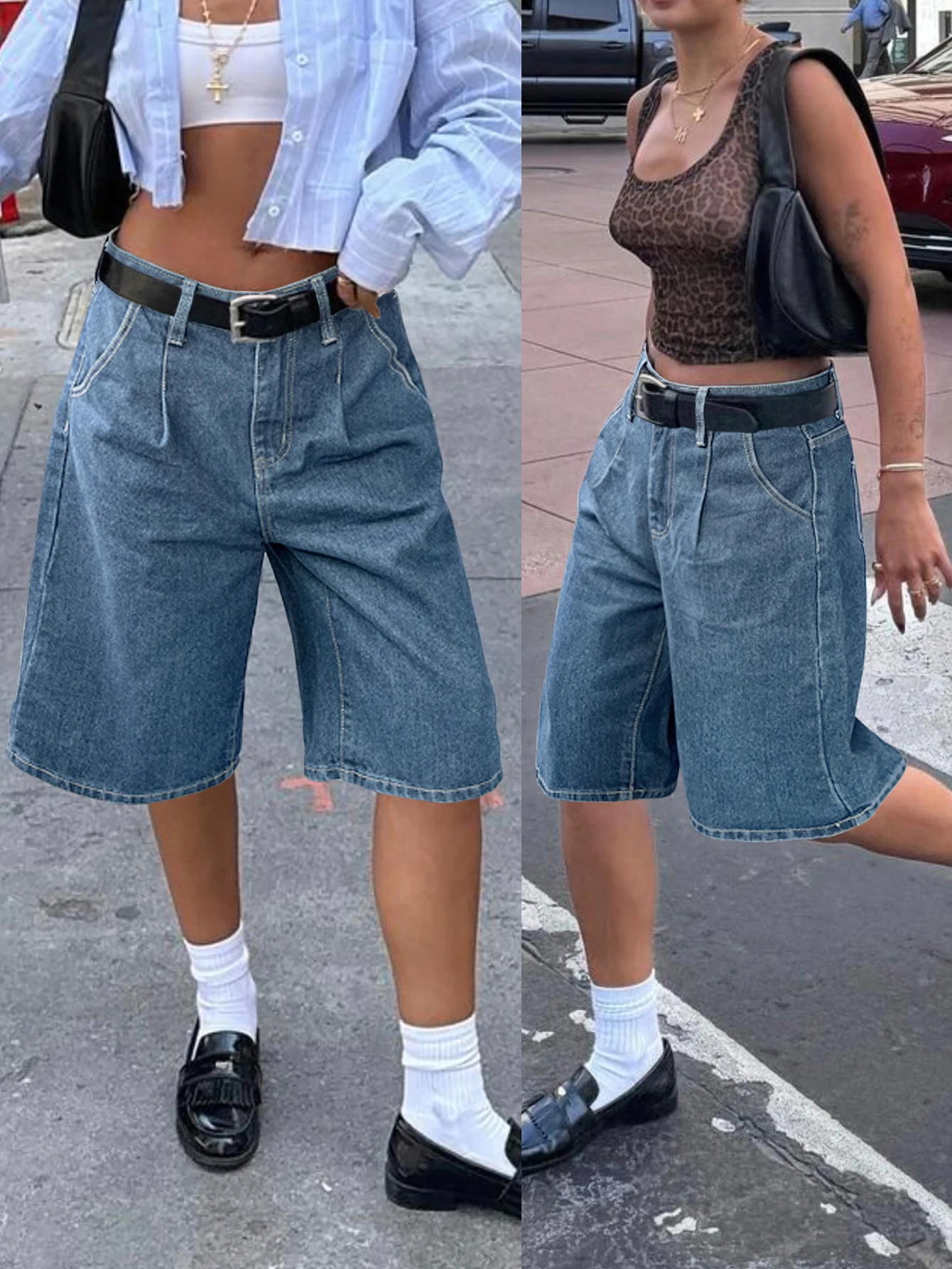 Y2K Street geplooide bermuda denim shorts hoge taille schuine zak losse pasvorm jorts casual comfortabele gewassen jeansshorts