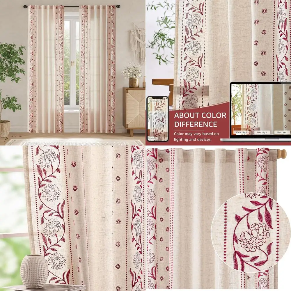 

Красные льняные шторы с цветочным узором, длина 84 дюйма, с вышитой каймой, светопропускающие, для спальни и гостиной, в стиле фермерского дома, бежевая подкладка