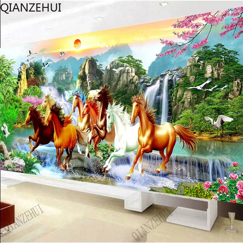 DIY 5D full bead Diamond Embroidery,Round Diamond Eight horses to success Living room decoration rhinestone Diamond painting