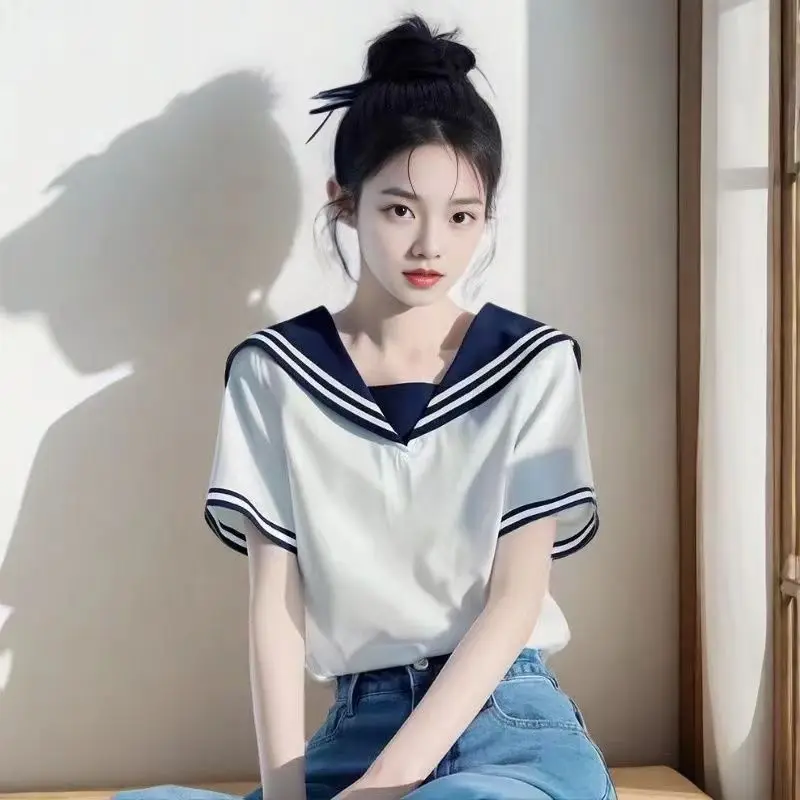 

Осенние новые высококачественные блузки с матросским воротником JK, рубашки из 100% хлопчатобумажной ткани, блузки с короткими рукавами для девочек, школьная форма, топ