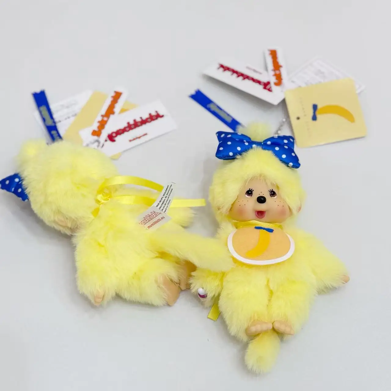 Cute banana-shaped Monchichi plush keychain 15 cm couple hanging decoration item soft rubber doll video game toy view 2