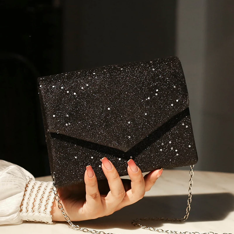 Black Messenger Crossbody Bag for Women Vintage Bling Sequins Clutch Purse Ladies Office Shoulder Bags High Quality Luxury 2024