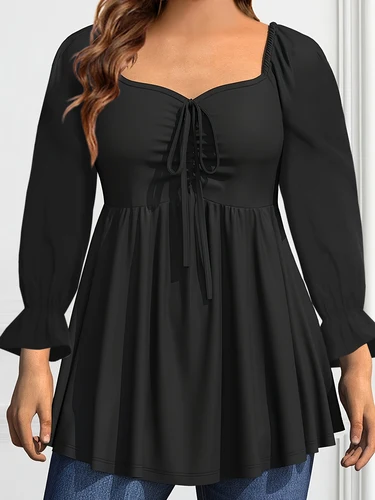 Imagen 1 del producto Camiseta de manga larga con cuello cuadrado para mujer, Top de talla grande, vendaje con cordón, plisado, elástico medio, Top informal sólido