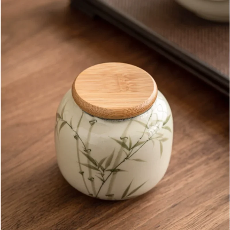 Chinese Ceramic Tea Caddy Hand-painted Bamboo Leaf Tea Jar Travel Tea Bag Tieguanyin Sealed Container Storage Tank Teaware