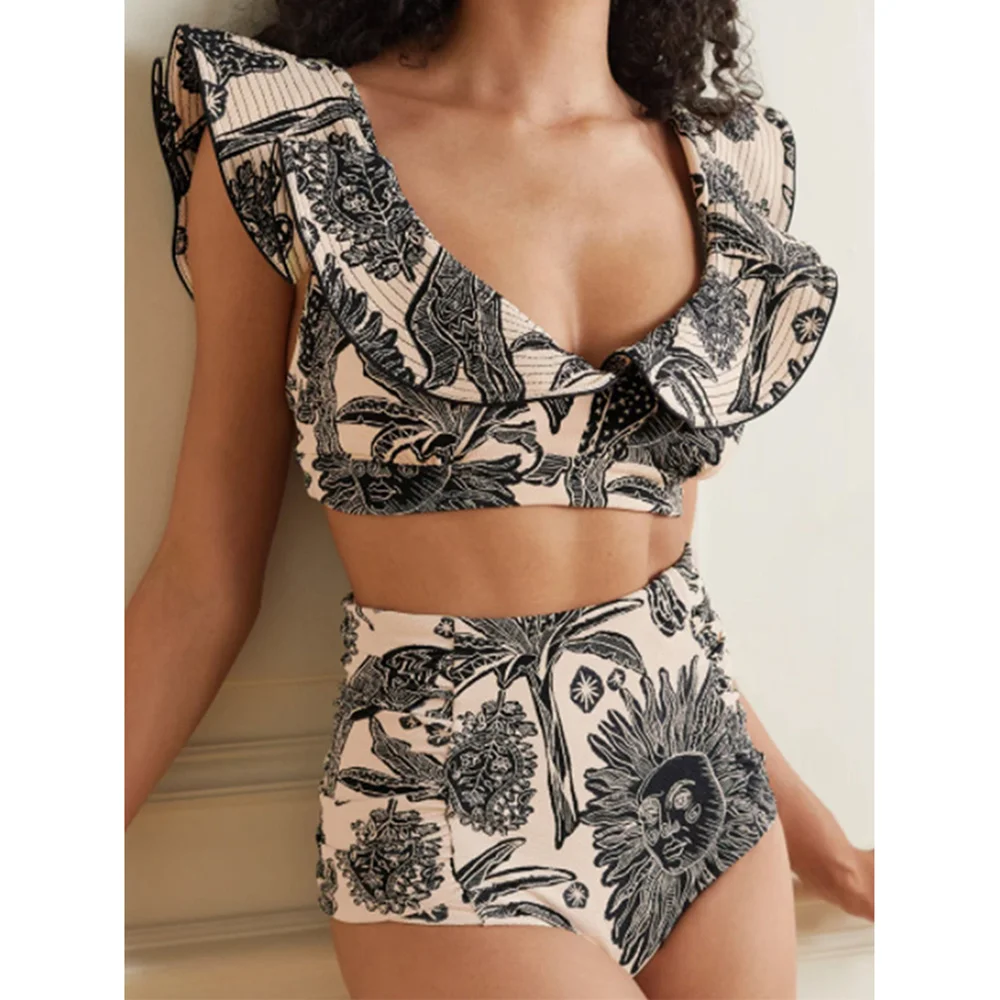 

Fashion Black And White Print V-Neck Ruffle Edge Swimsuit High Waist Cut Trim Hollow Beachwear Sexy Halter Strap Pool Suit Chic