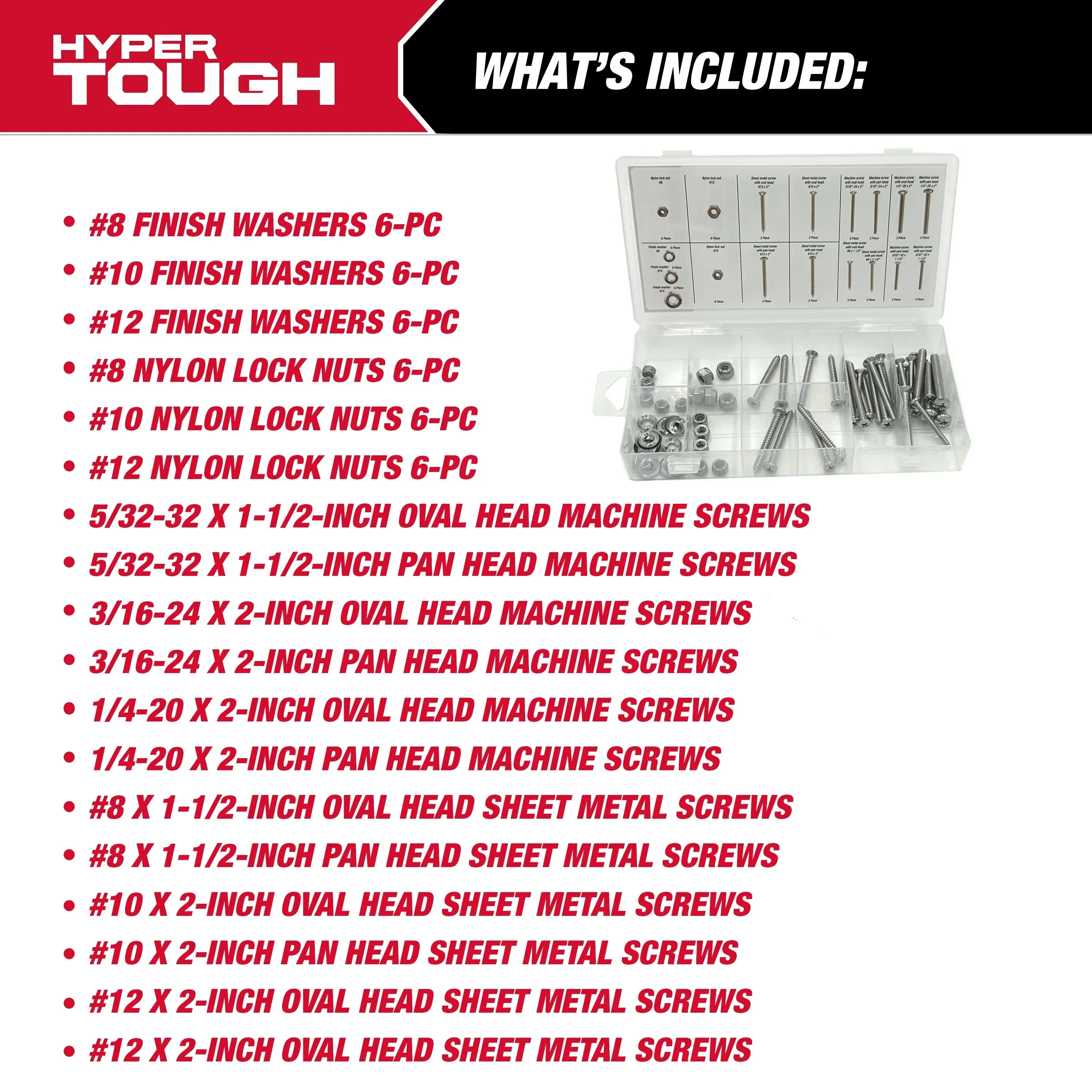Hyper Tough 72-Piece Stainless Steel Screw and Nut Assortment with Clear Storage Case, 5502