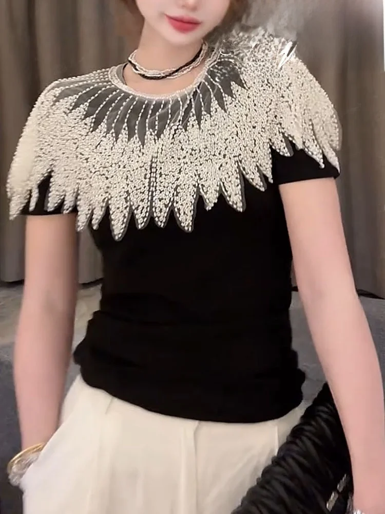 

Slimming round Ne ort Sve Women's Top Faion Design Heavy Beading Bright Sequin New 2025 Ele Anti-Aging Chinese S...