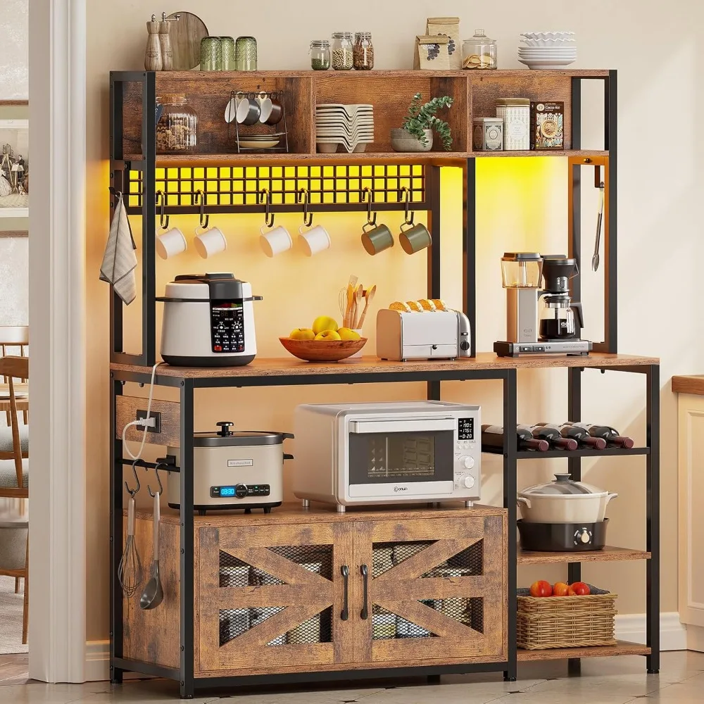 

47.2 Inch Bakers Rack with Power Outlet, Microwave Stand with Storage, Farmhouse Coffee Bar Cabinet Station with Wine Rack, Iro