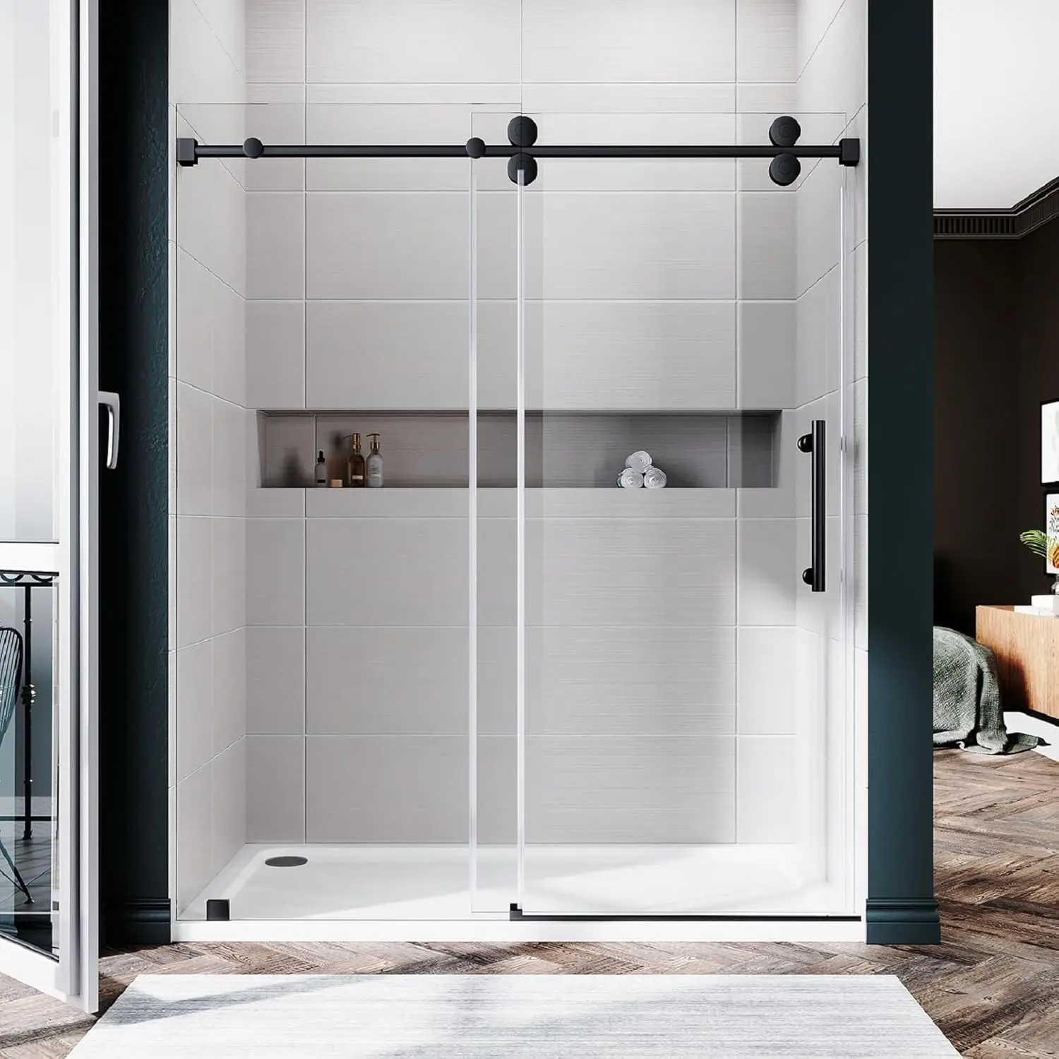 

56"- 60" W x 72" H Frameless Sliding Glass Shower Door, Stainless Steel Shower Door in Matte Black with 3/8" (10mm) Clear Glass