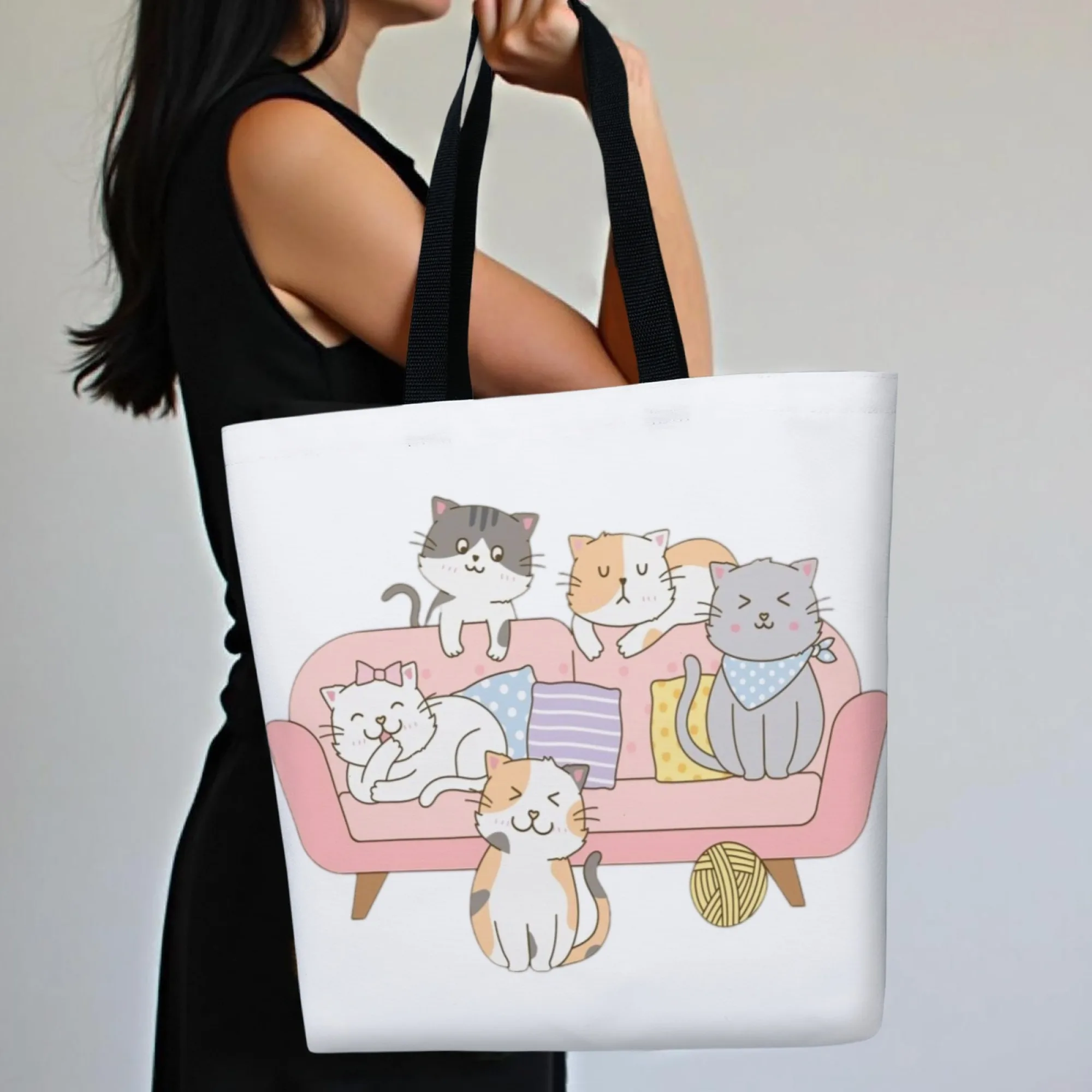 

1pc Cozy Cat & Floral Women Tote Bag Large Capacity Reusable Shopping Bag Cute Sleeping Cats Design Ideal for Daily Use & Travel