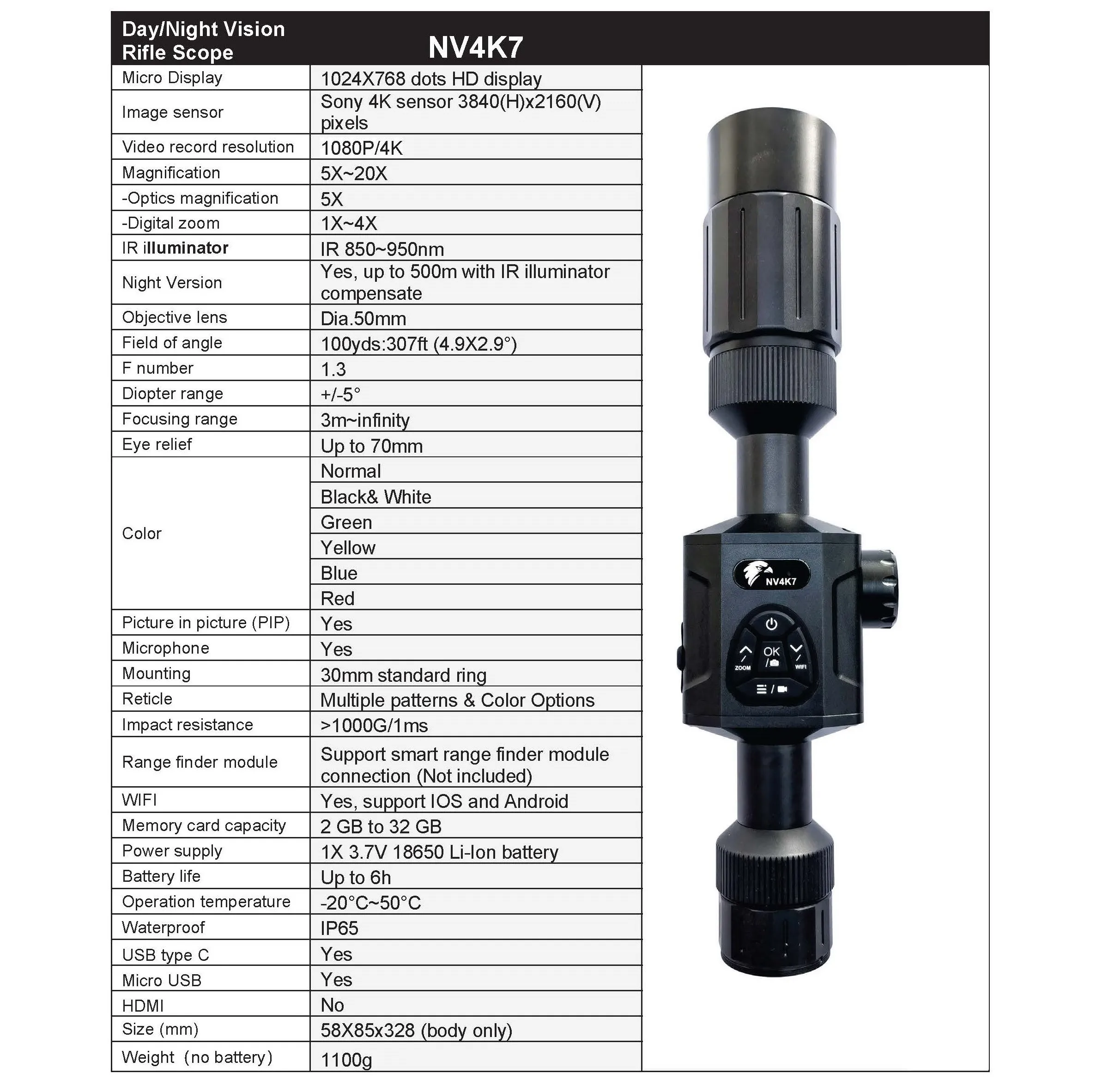 NV4K7 Infrared Night Vision 4K resolution Digital Day and Night Vision Hunting Scope Connecting with Smartphone by WIFI