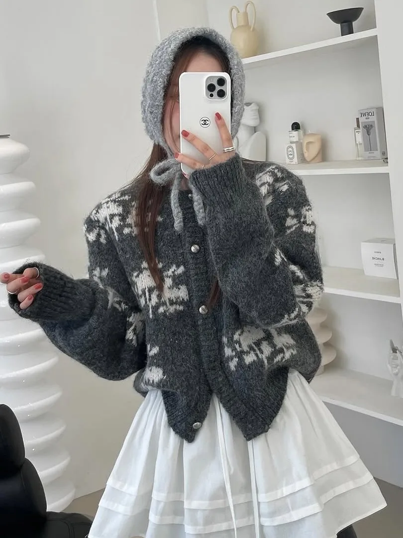 Retro gebreide trui met bloemenmotief, dames, maat S, of enkelknoops gebreide top met ronde hals voor het vroege najaar