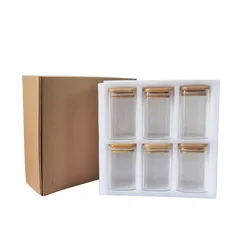 Square Glass Storage Jars with Bamboo Cover, Sealed Glass Bottle, Kitchen Seasoning Pot, 250ml, 6 Units