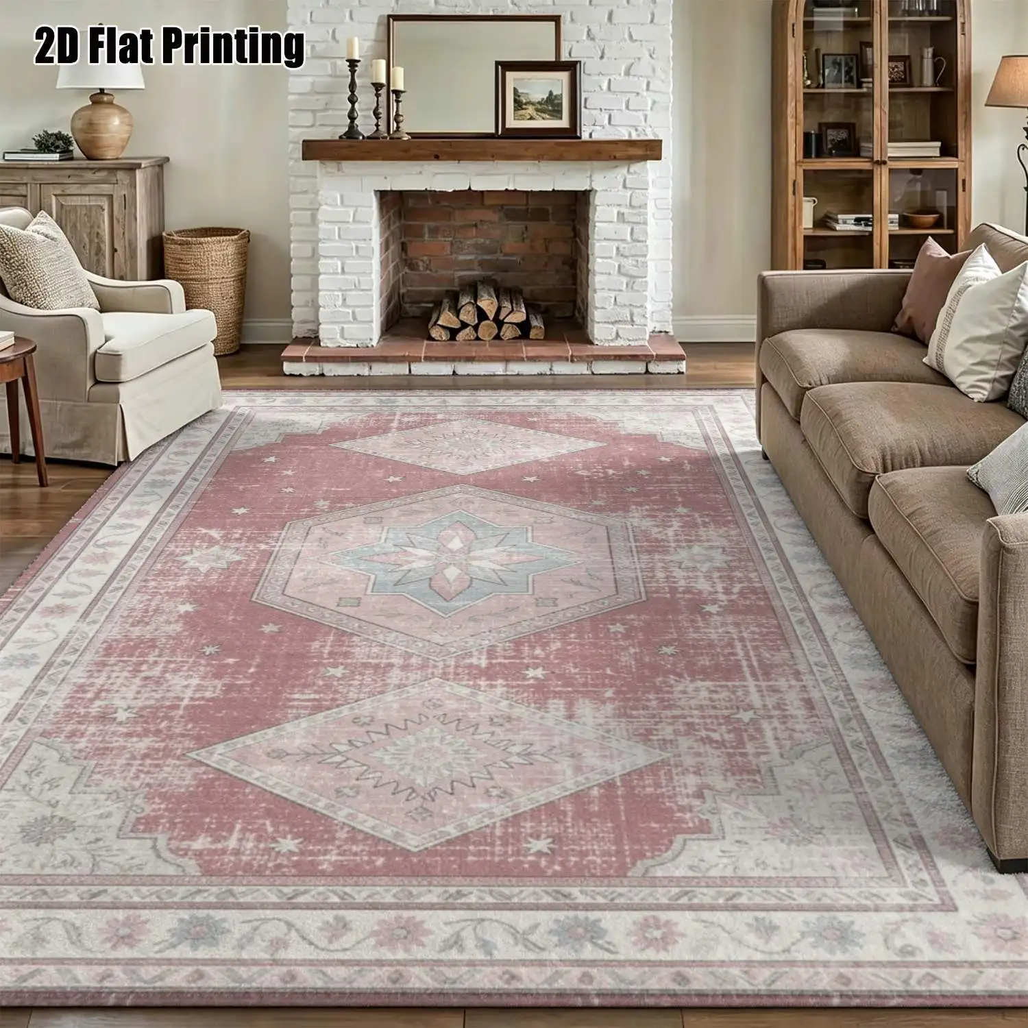 1Pc 2D Printed Retro Boho European Carpet, Red Pink Geometric Pattern, Washable, Multi-Size, Home Decor, Multi-Scene Use
