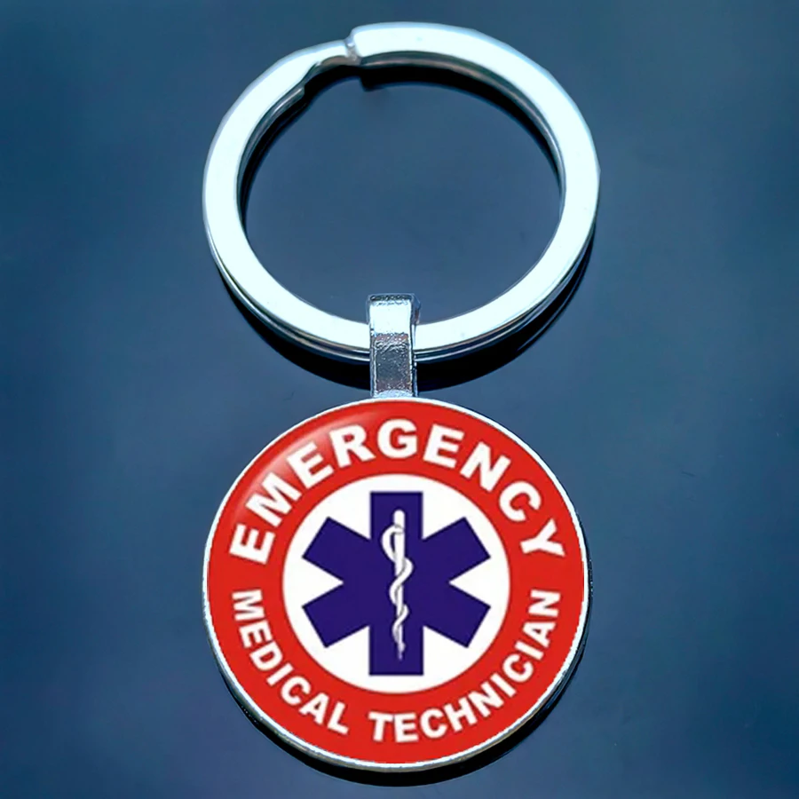 Emergency medical technicians keychain male and female medical alarm glass circular keyring doctor and nurse gift jewelry