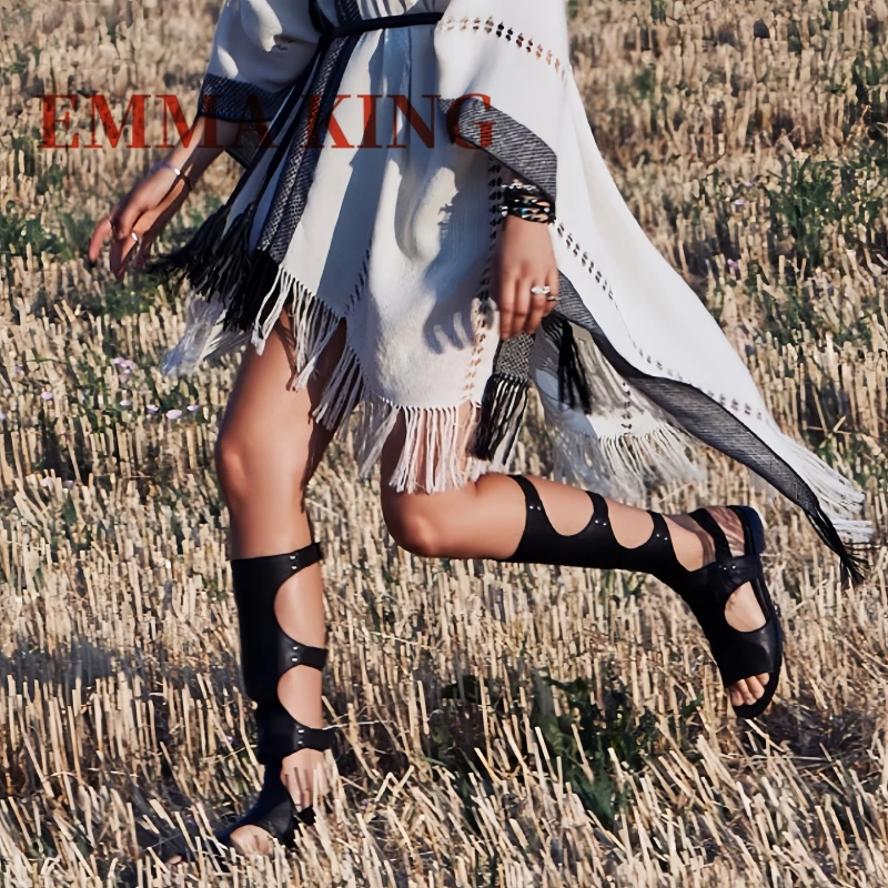 المرأة الجوف خارج صنادل طراز جلاديتور قطع الركبة عالية الشقق أحذية الصيف النساء روما نمط صنادل شاطئ اليدوية حذاء كاجوال #2