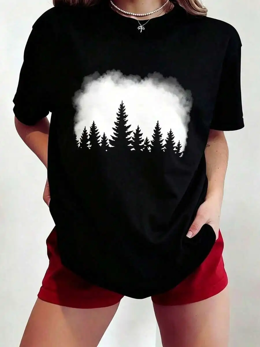 Women Trendy Forest Print Oversized Crewneck T Shirt Short Sleeve Summer Outdoor Everyday Wear Casual Top