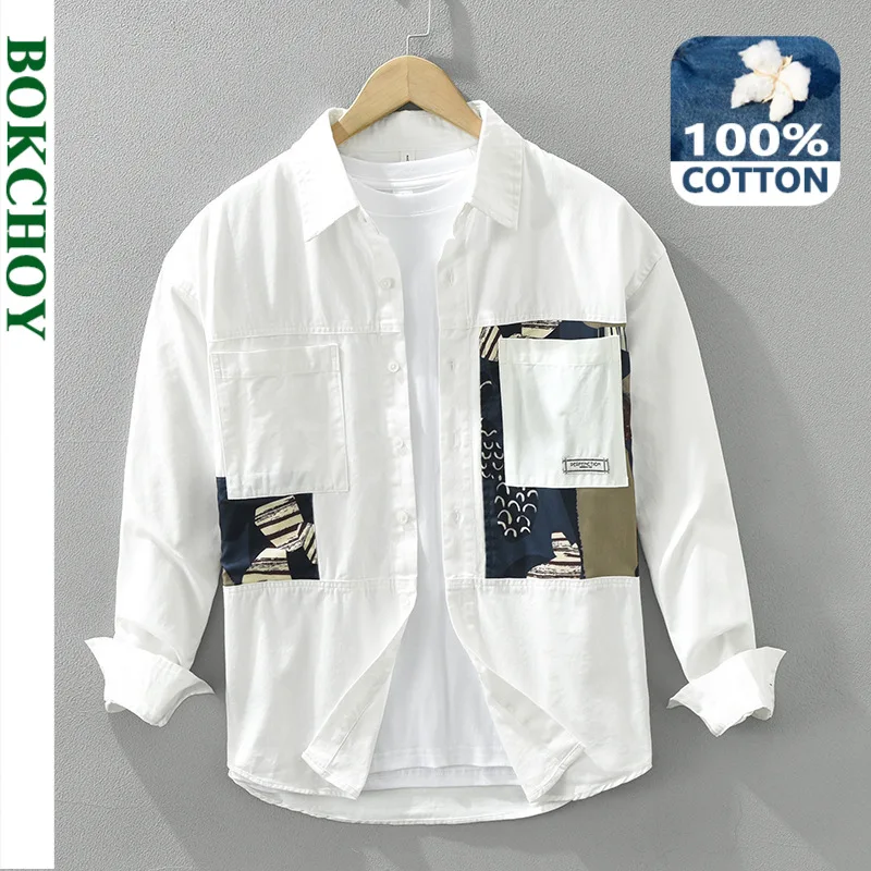 2024 Spring New Patchwork Printed 100% Cotton Long Sleeve Shirts for Men Clothing Vintage Turn-down Collar Soft CM6972