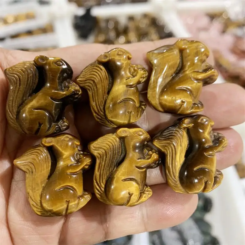 

2PCS Natural Yellow Tiger Eye Stone Squirrel Carving Crystal Animal Figurine Fashion Gifts Home Decoration Accessories 1Pc