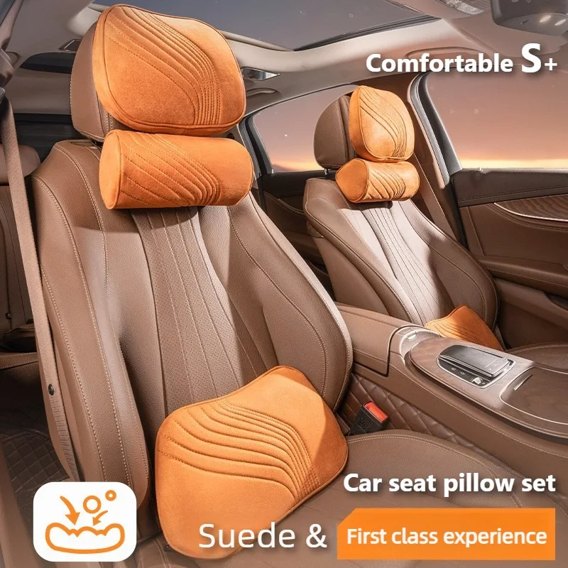 Soft Suede Car Seat Pillow Set Memory Foam Car Neck Pillow Waist Pillow Seat Accessories Car Headrest and Lumbar Support Pillows