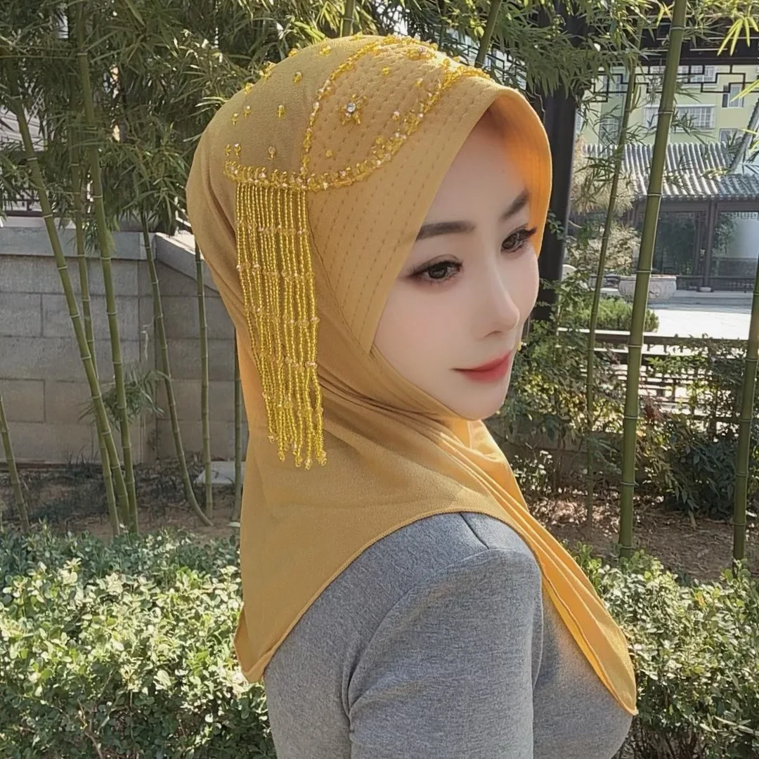 

Африканский платок, женский платок с мягкими полями, губка, удобный выдвижной шарф, головной убор, этнические шапки с кисточками и бриллиантами, универсальный хиджаб для девочек