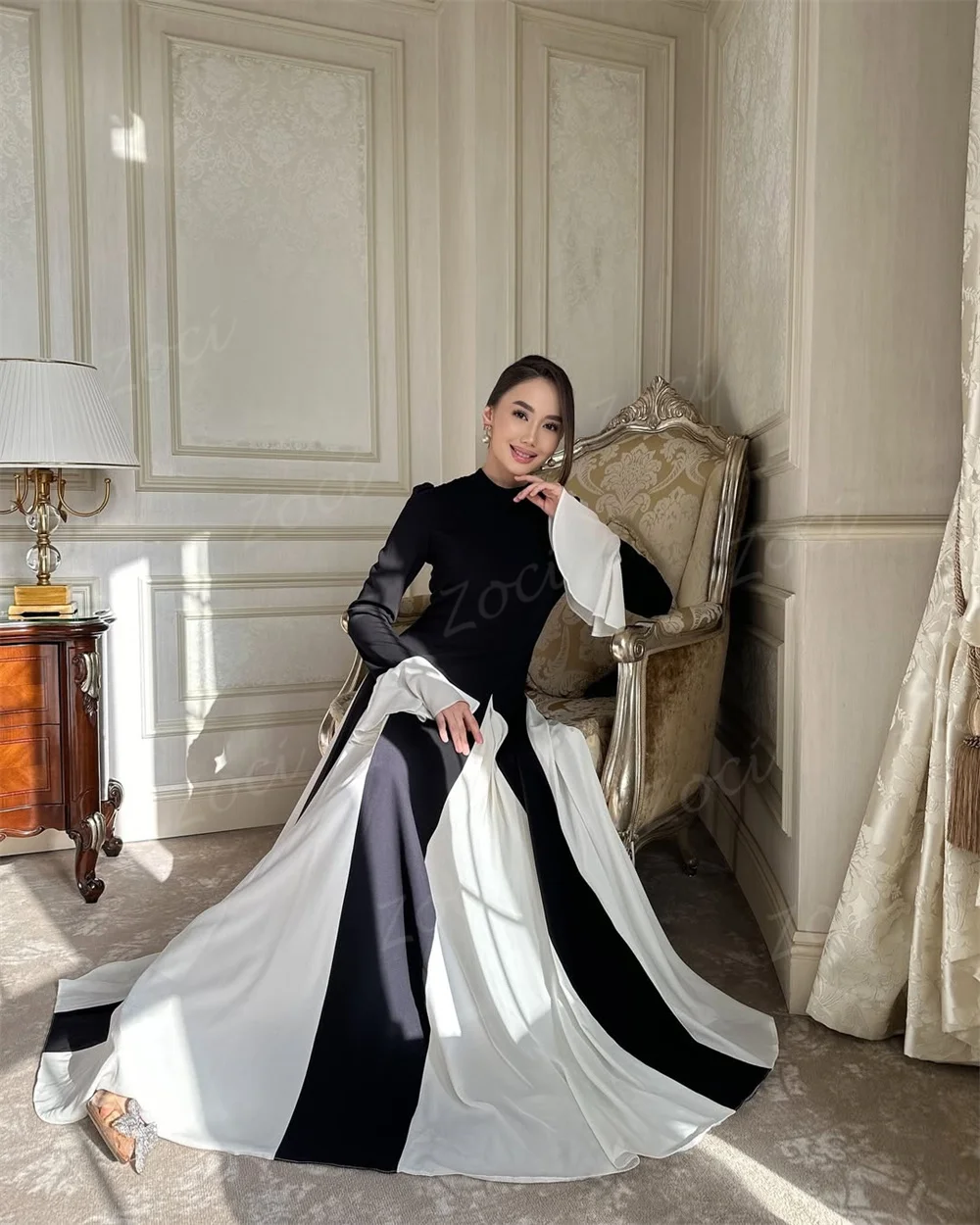 Zoci Modest Long Sleeve A Line Prom Dresses Women Satin Chiffon Prom Gown Customized Contrast Color Outfit Formal Party Dress