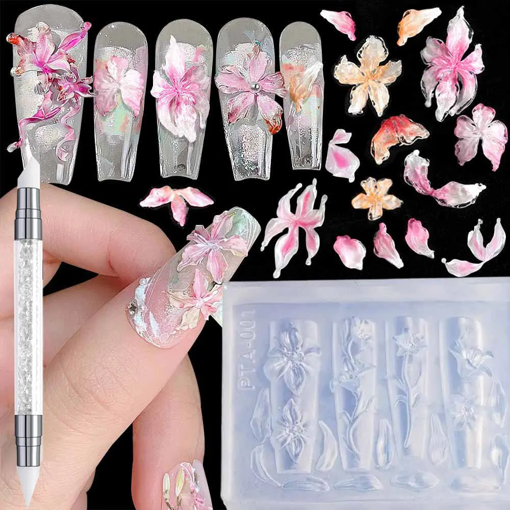 2pcs 3D Lily Flower Charms Silicone Nail Molds with Carving Pen Reusable Floral Carving Nail Template Clear Floral Modeling Tool