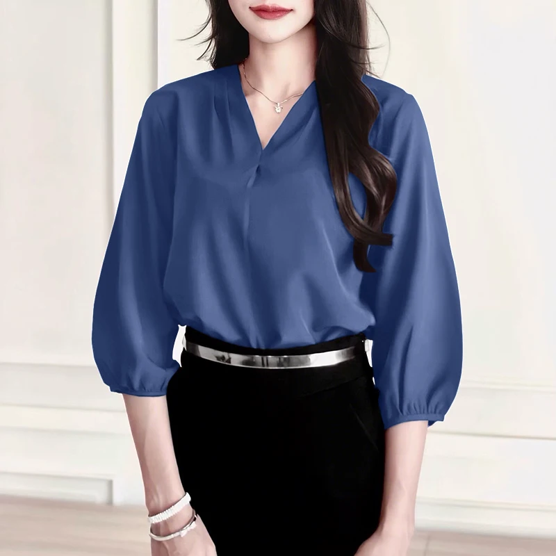 

Hot Sale ZANZEA Women Blouse 2026 Summer V Neck 3/4 Puff Sleeve Ruffled Pleated Solid Casual Office Female Tops Blusas Street