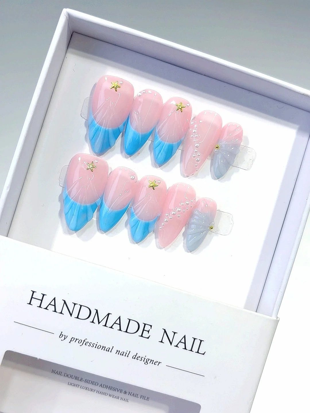 

Накладные ногти ручной работы в виде ракушки ручной работы, розовые, синие, жемчужные, морская звезда, длинные накладные ногти на шпильках (D503)