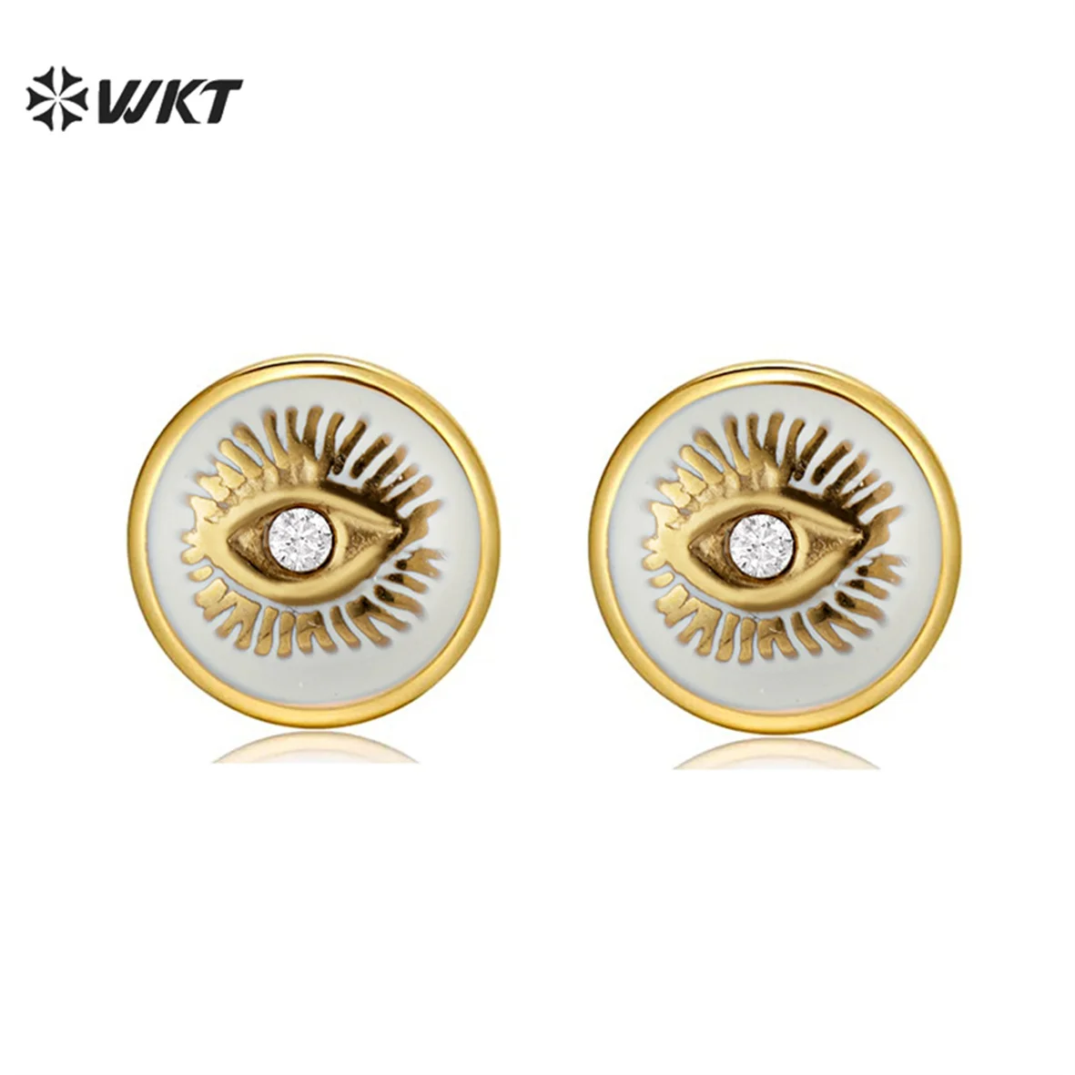 

WT-SSE021 WKT Fashion Wholesale Shiny Enamel CZ Eye Round Stud Earrings Gold Color Stainless Steel Accessories Vintage Earrings