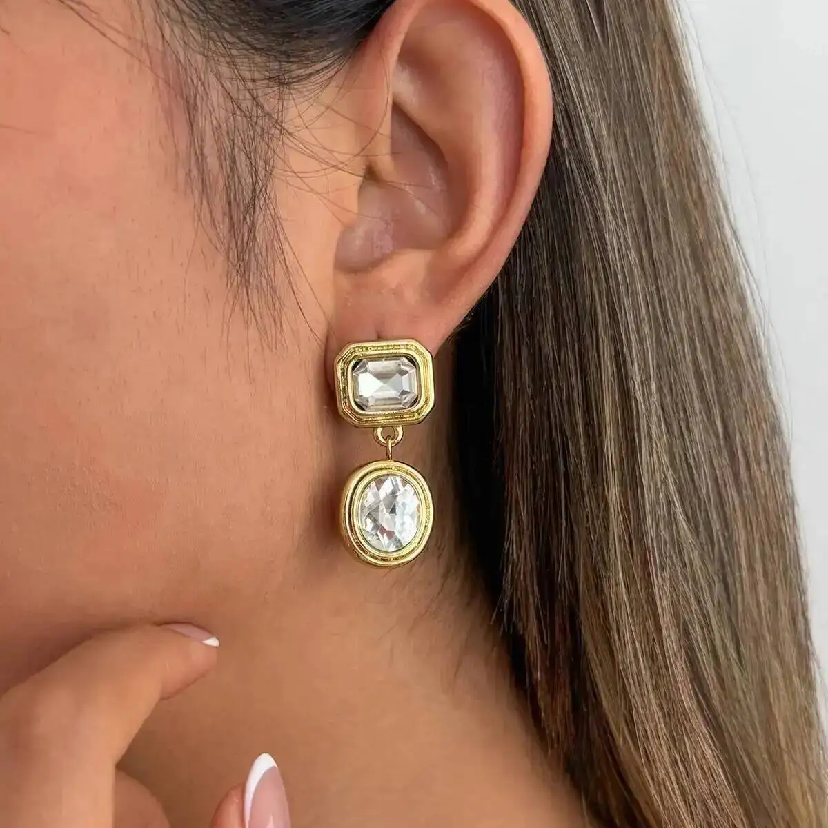 

Lacteo 18K Gold Plated Stainless Steel Geometric White Zircon Drop Earring Hypoallergenic Temperament Trendy Charm Women Jewelry