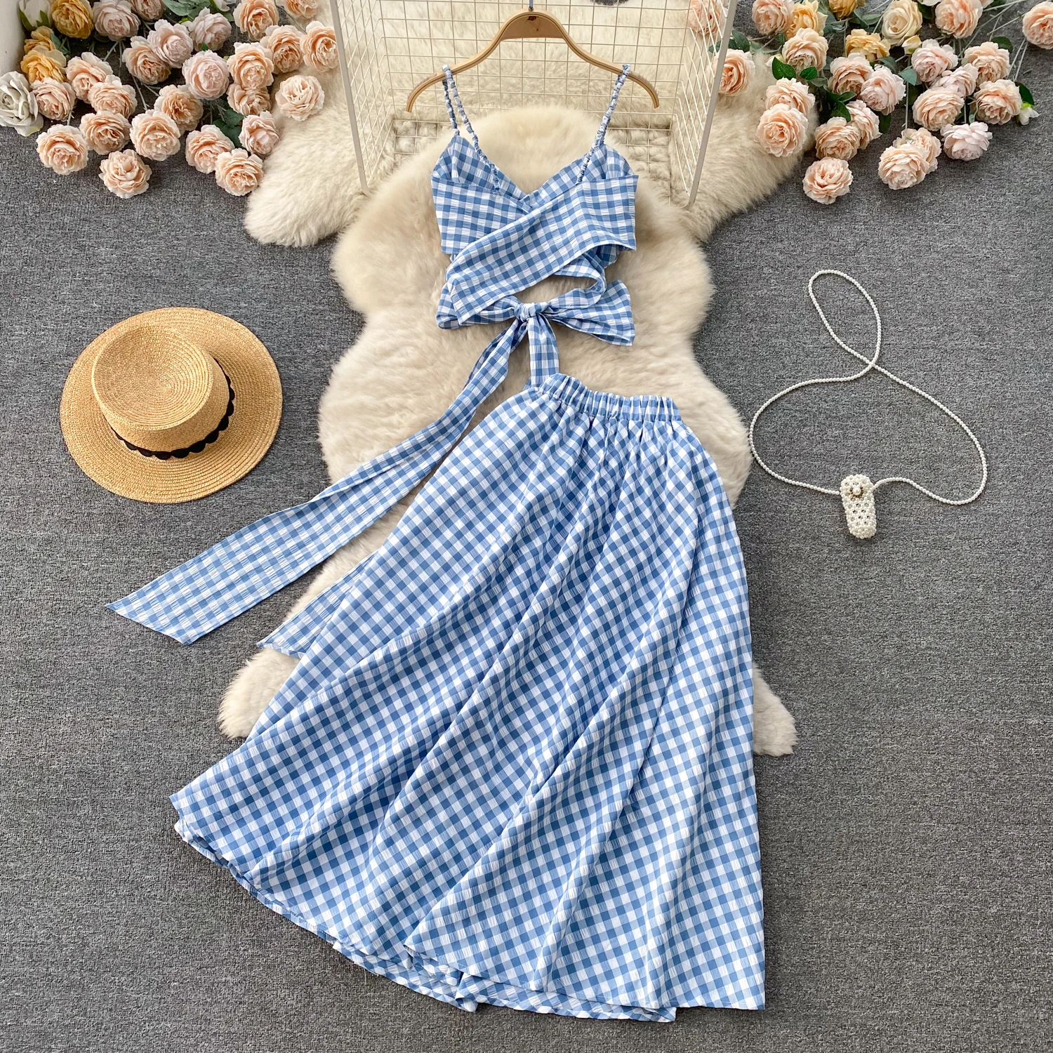 Chic Sexy doux Plaid sans manches dos nu croisé élégant mode française plage décontracté été femmes deux pièces ensemble