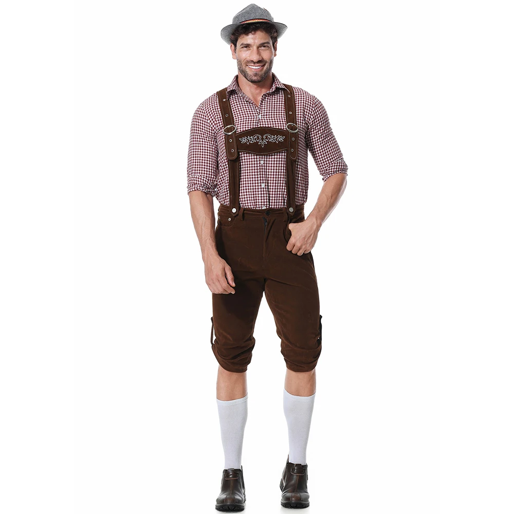 Herren Bayerisches Oktoberfest Lederhosen Kostüm Deutsches Bierfest Hosenträger Strampler Hemd Hut Set Halloween Cosplay Kostüme – Detail 4