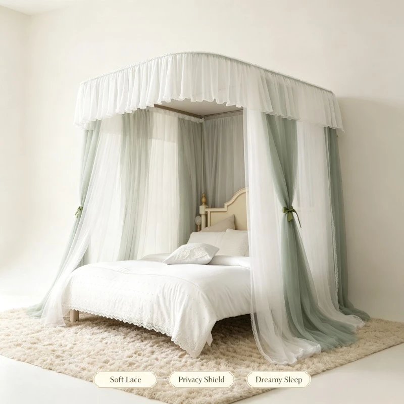 Princess wind U-shaped guide rail mosquito net, three doors + double yarn + dust top, sleeping out of a fairy tale feeling