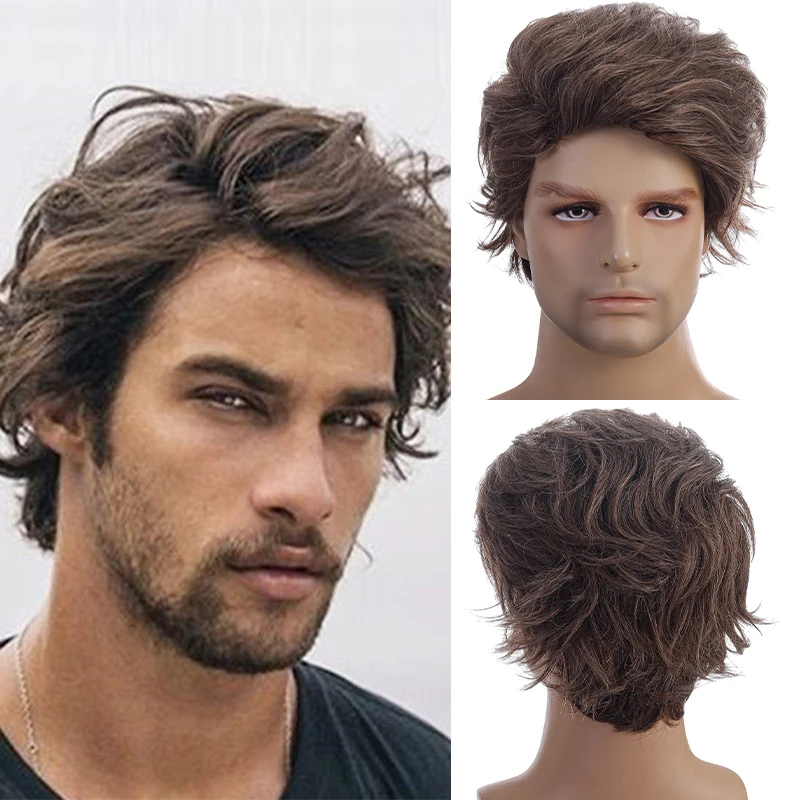 HANEROU Synthetic Short Men Wig Natural Brown Straight Wavy Hair Heat Resistant for Daily Party Cosplay