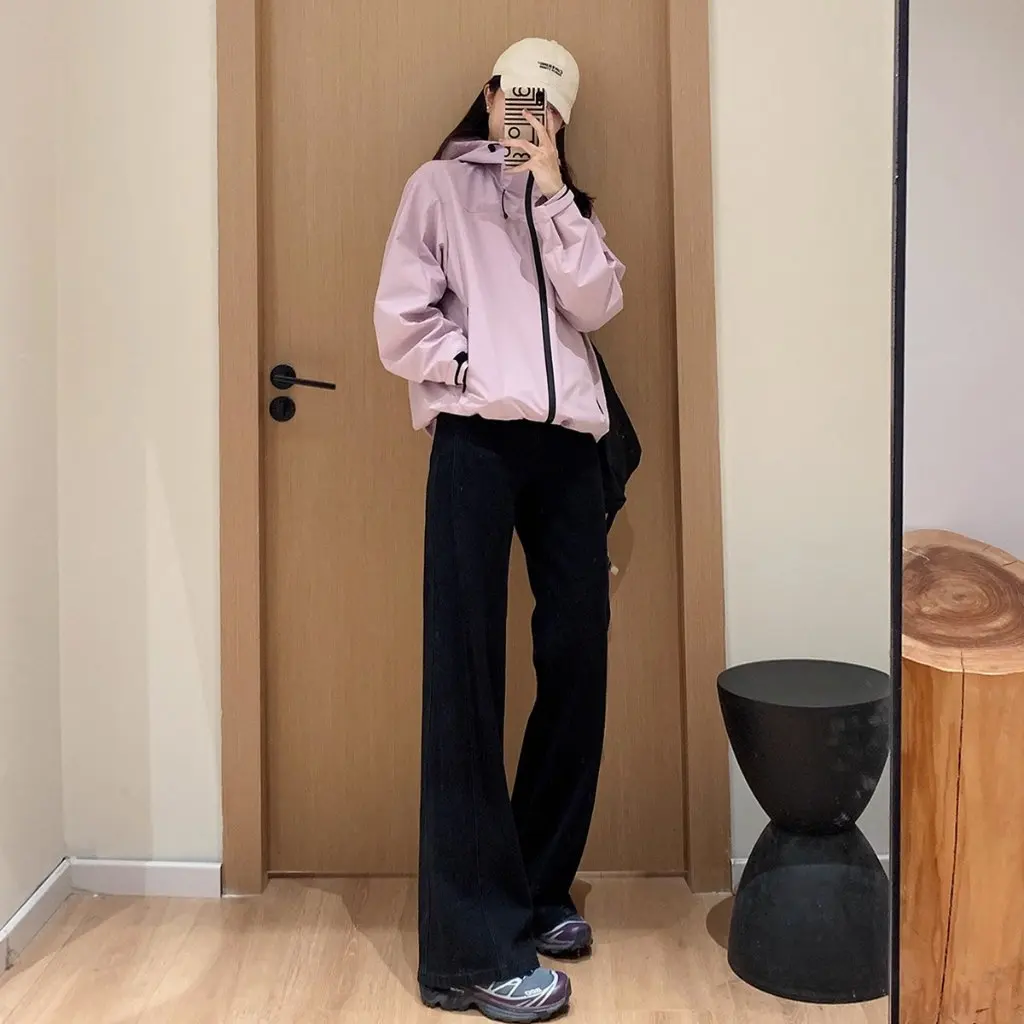 

Zedaijai Women's Elastic Enzyme Wash Wide Leg Pants Loose Black Jeans Four-Sided Stretch Winter New Style