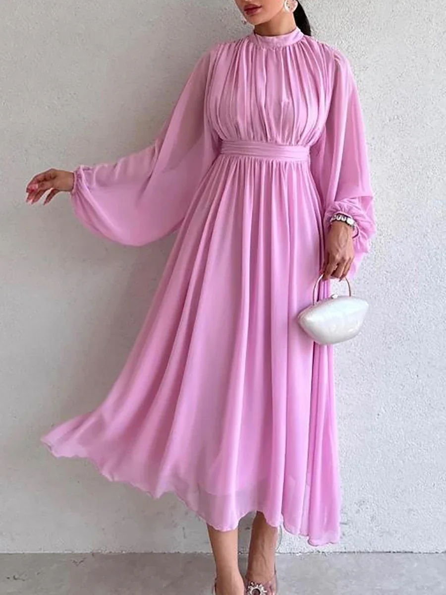 Beautiful Women\'s Dress Half High Collar Pleated Dresses with Long Sleeve Slim Elegant Black Chiffon Dress for Women 2024 Summer