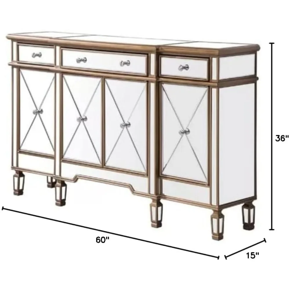 60 Inch Gold Wood Frame Mirrored Panels Andrea Storage Sideboard Buffet Cabinet for Living Room