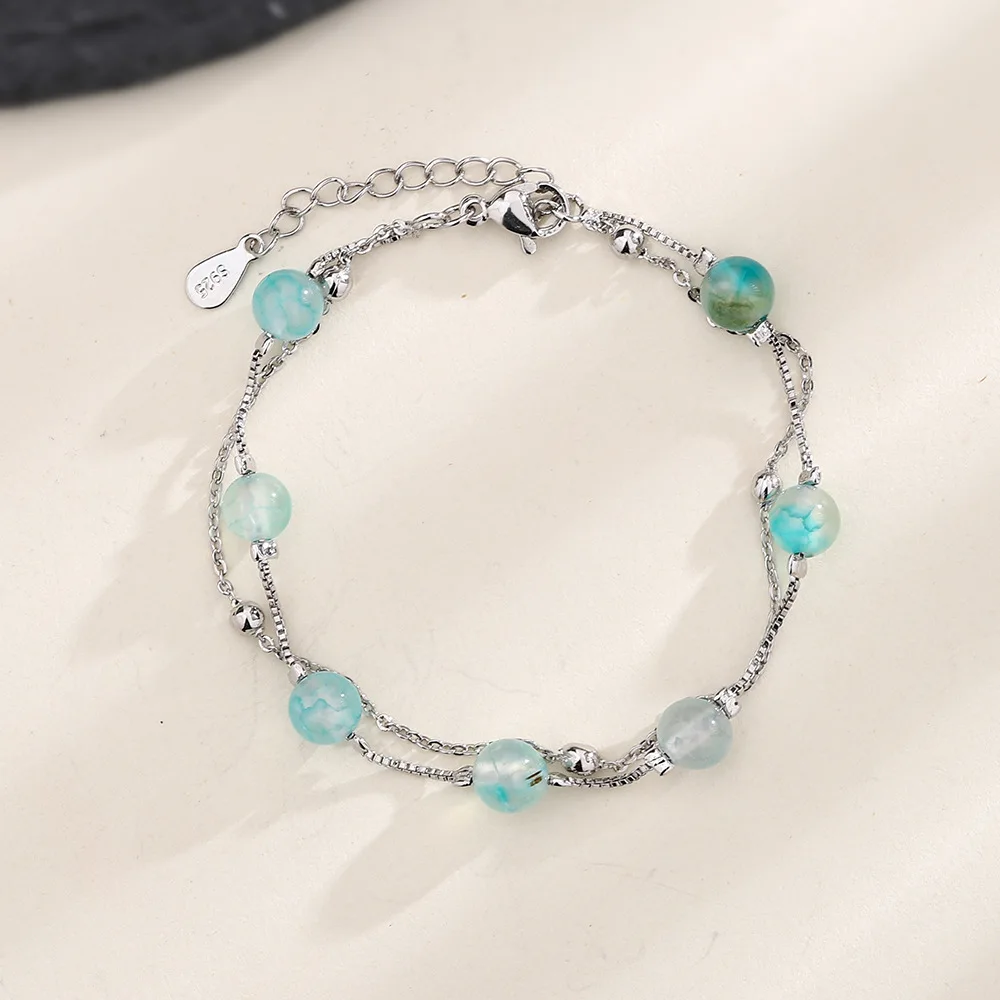 VENTFILLE 925 Sterling Silver Double Layer Agate Bracelet for Women Girl Green Texture Retro Sweet Romance Jewelry Dropshipping