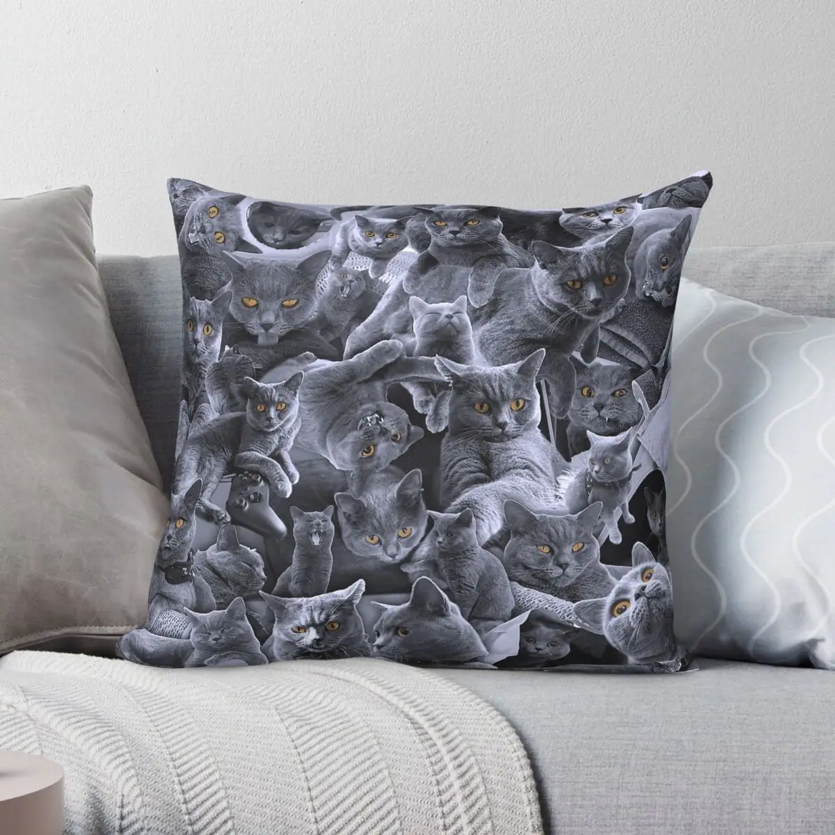 British Shorthair Cat Collage Square Pillowcase Polyester Linen Velvet Creative Zip Decorative Room Cushion Case 18
