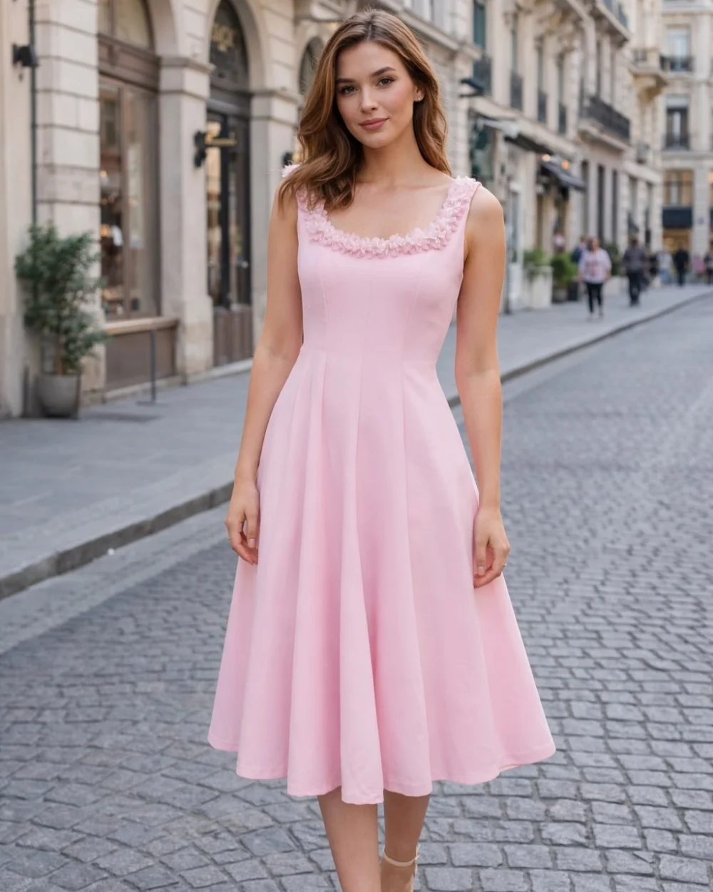 Customized Formal Women Jersey Handmade Flower Beading A-Line Evening Dresses Modern Style O-Neck Sleeveless Tea Length Dresses