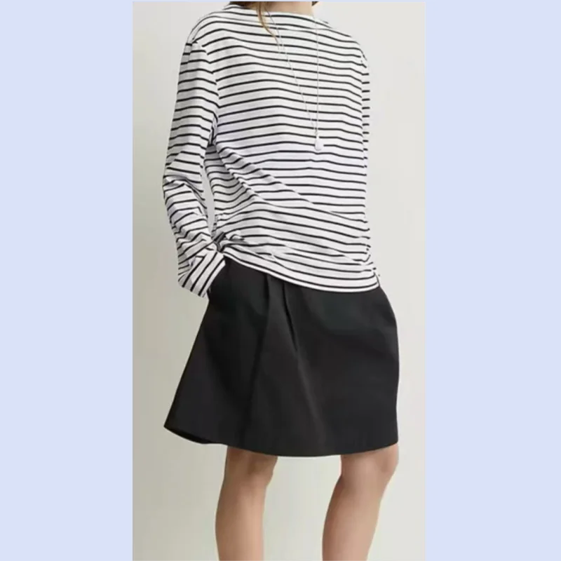26 year spring/summer classic simple women's loose casual contrasting color one collar striped long sleeved T-shirt top