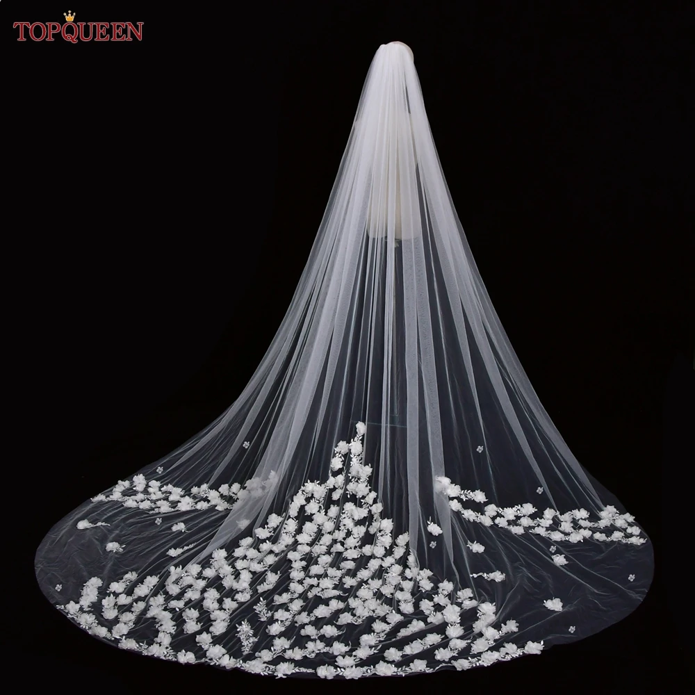 TOPQUEEN V123 Wedding Veils for Bride Luxury Cathedral Bridal Veil 3d Flowers Soft Italian Tulle Scattered Lace Floral Applique