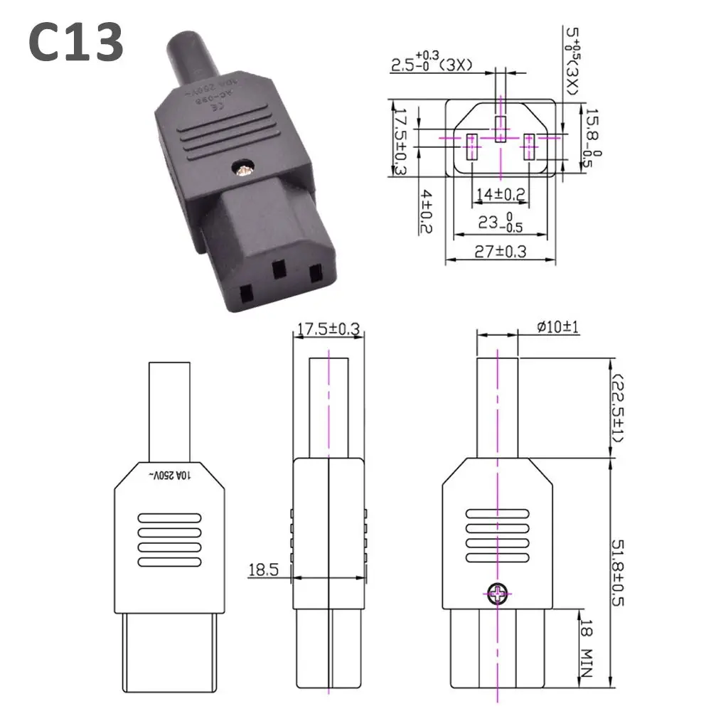 3Pcs Power Connector AC Plug Socket 320 Straight C13 C14 Male Female AC Power Connector 10A 250V. Rewirable