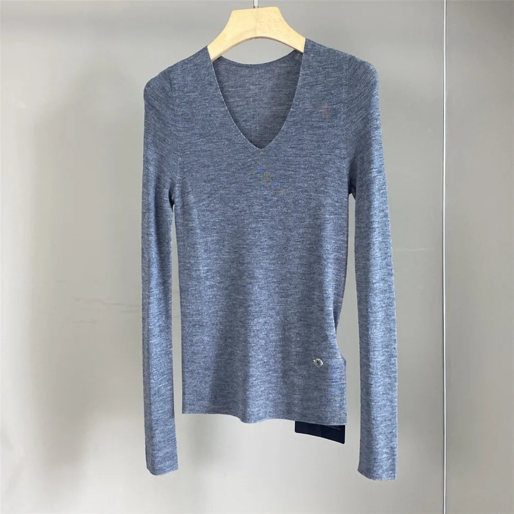 

25 Early Autumn New Women's Solid Color Wool Knitted V-neck Simple And Versatile Slim fit Long Sleeved Top