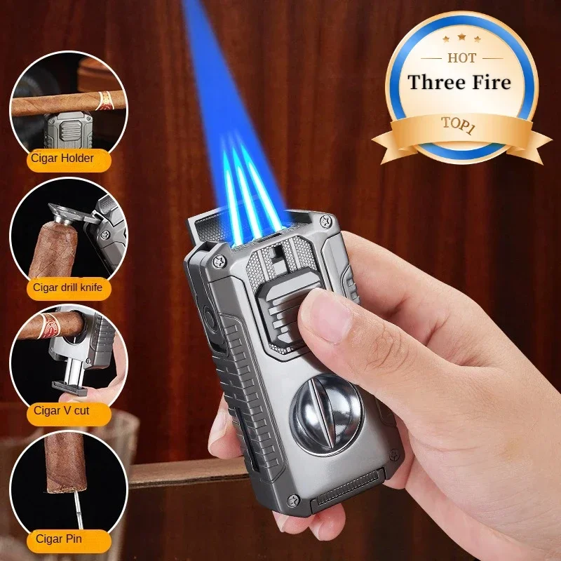 Multifunction Luxury Cigar Lighter for Men 3 Jet Torch Flame with Built-in V-shaped Cigar Cutter Portable High Fire Lighters