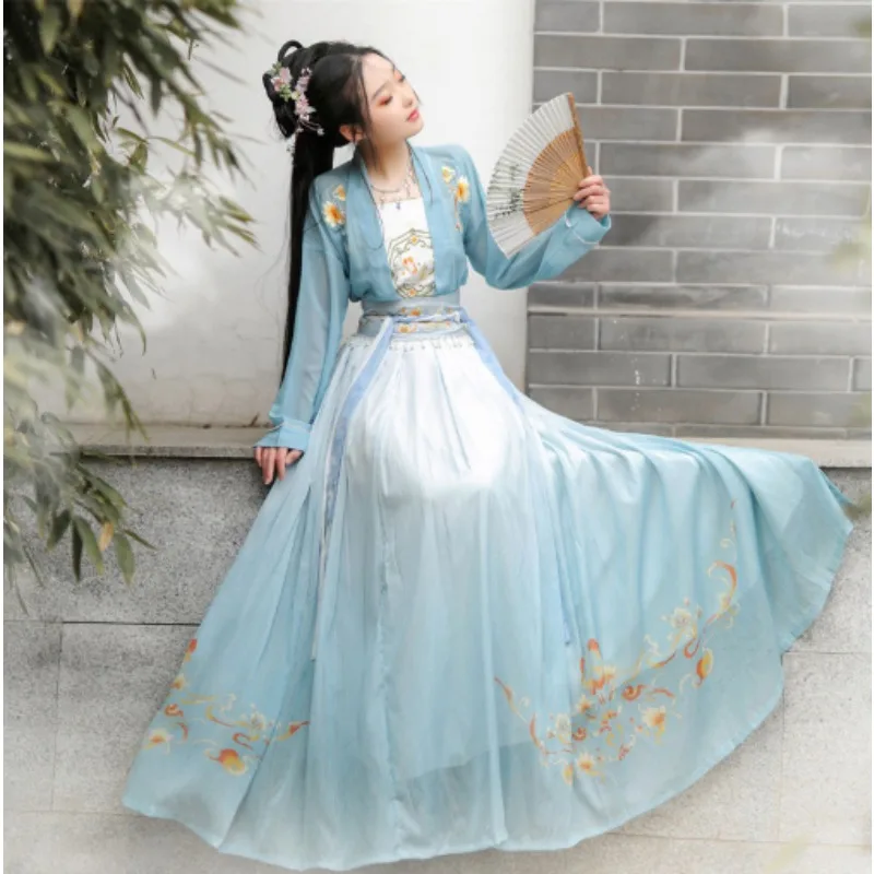 女性用宋朝漢服3点セット-花柄刺繍シフォン衣装-ピンクブルー-オリエンタルフェアリー-伝統的な漢服ドレス-女性用